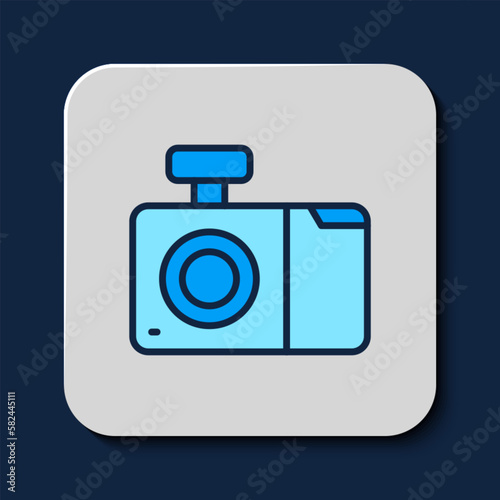 Filled outline Photo camera icon isolated on blue background. Foto camera icon. Vector