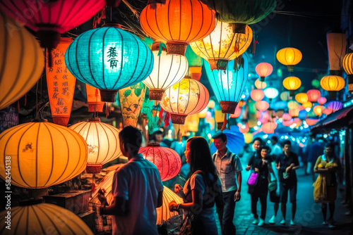 A vibrant and bustling night market in Taipei, Taiwan, with colorful lanterns, long exposure, illustration - Generative AI photo