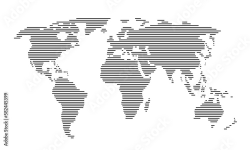 World map modern stylized design. Abstract world map, horizontal lines, stripes. Pattern of black stripes. Vector
