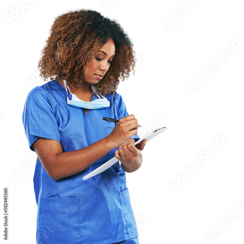 Healthcare, clipboard and mockup with a nurse black woman writing. Medical, documents and insurance with a female medicine professional on blank mock up space isolated on a png background