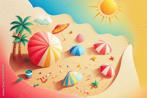 Summer Fun on the Beach: Top View Illustration. Generative Ai © zzzz17