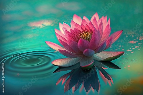 A Dreamy Spring Oasis  The Beauty of a Peaceful Pink Lotus Floating in a Teal Pool. Generative AI