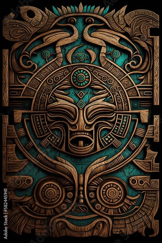 Abstract Art: Mayan Style Hand Painted Oak Wood Texture in Geometric Top Down Illustration: Generative AI