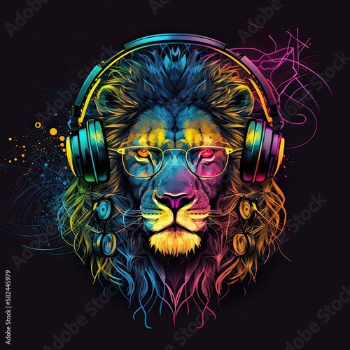 Cool Lion Jamming Out at the Party in Trendy Headphones & Sunglasses: Generative AI