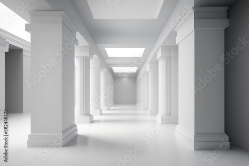 White hall with columns. Minimalistic interior of the hall in a classic style, indoors. creative generative ai