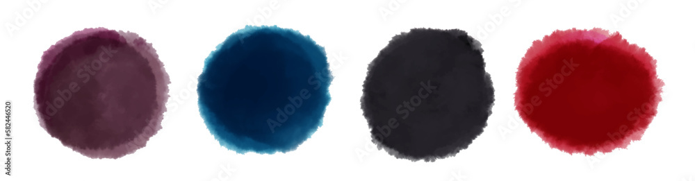 Conjunto de manchas de acuarela digital vectorizadas, formas redondas en tonos morados, negros, azules y rojos, manchas aislada con fondo transparente. Mancha con textura de acuarela