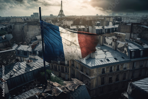 Strike in Paris: Protesters gather near the Triumph Arc, Eiffel tower. Generative Ai