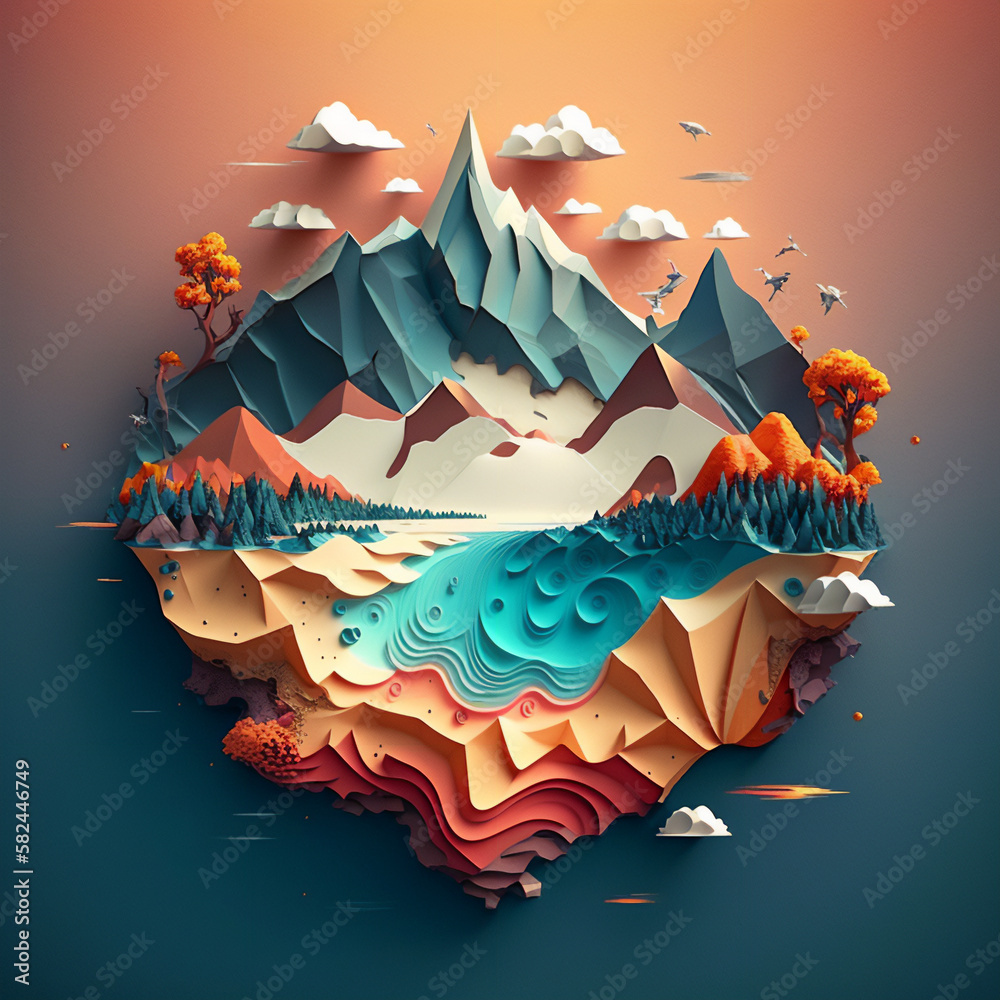 Mountains, valley and river. Flat lay illustration. Created with Generative AI technology.
