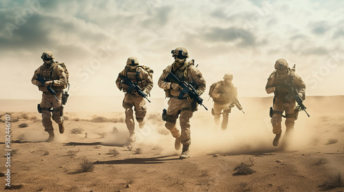 Fotografiet Military Tactical Special Squad Special Forces Unit, running through a desert, E