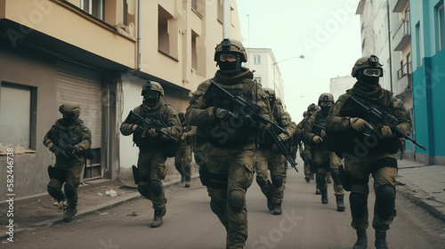 Special forces soldiers go to military operation in city, Military Tactical Squad Unit, Equipped Armed Soldiers, Full Gear, Wartime