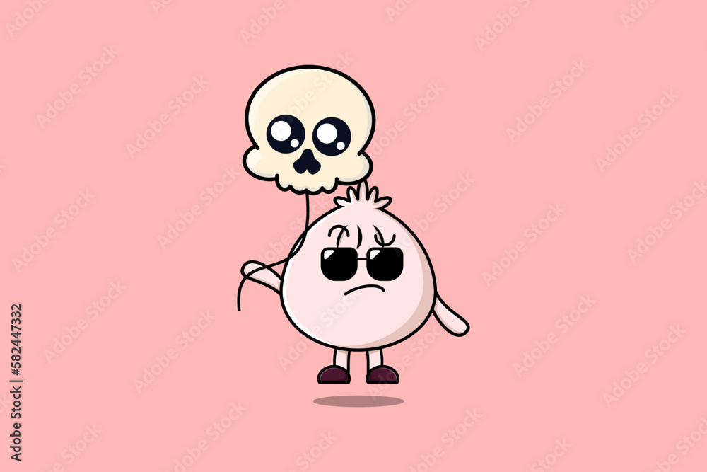 Cute cartoon Dim sum floating with skull balloon in flat cartoon vector icon illustration Cute cartoon Dim sum floating with skull balloon in flat cartoon vector icon illustration