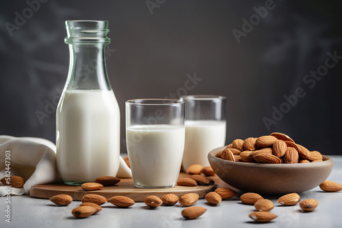 Almond milk on white kitchen background  generative AI tools 