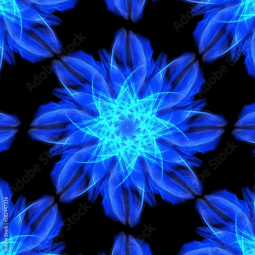 Modern futuristic glowing neon blue geometric shaped mandala flower design on black background 