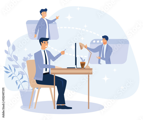 Distance working concept. Outsourcing, work home office, online conference, freelance job. flat vector modern illustration 