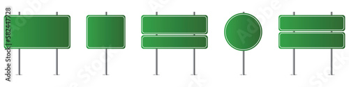Road sign in realistic style in green color isolated on white background. Set danger empty warning empty signs. Create a traffic template. Realistic vector completion. Vector graphics. EPS 10