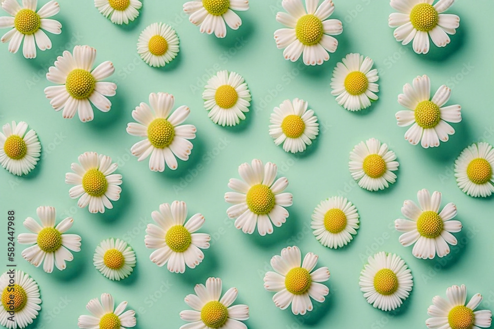 Floral camomile pattern on a mint green background. Pastel colors, top view Generative AI