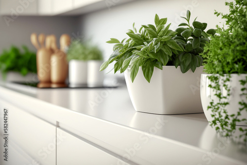 Growing plants on the white kitchen interior table. Generative AI