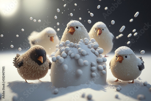 Flock of Funny Chickens Having Fun in the Snow