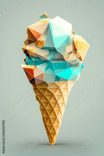 Picture of colorful ice-cream cone on blue background: colorblocks. Generative AI photo