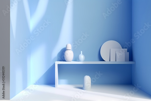 A 3D rendering of a modern, minimalistic wallpaper featuring an empty display stand for mock-ups and product showcases, generative by AI. © panida