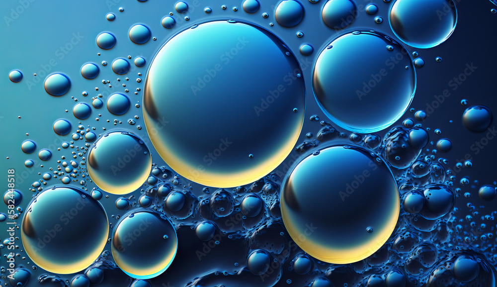 Illustration of transparent cosmetic blue gas bubbles underwater.