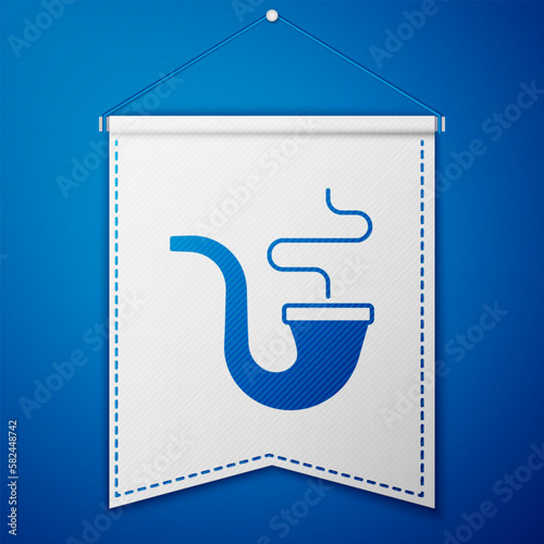 Blue Smoking pipe with smoke icon isolated on blue background. Tobacco pipe. White pennant template. Vector