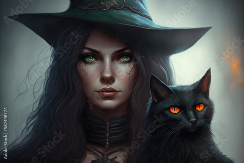 A portrait of an beautiful green eyes young witch in a hat with a black cat. Created with Generative AI, no one recognisable. Not a real person.
