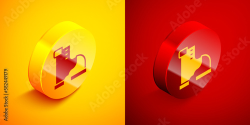 Isometric Winter warm boot icon isolated on orange and red background. Waterproof rubber boot. Circle button. Vector