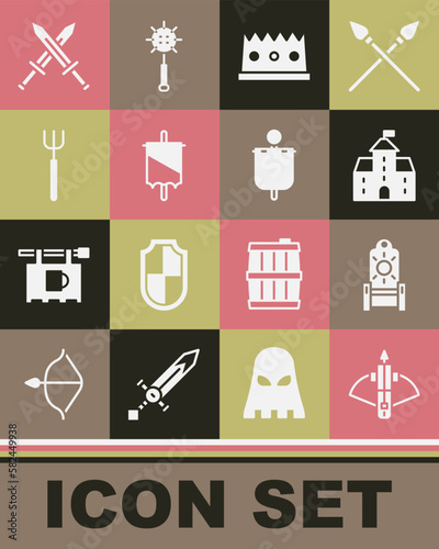Set Battle crossbow with arrow, Medieval throne, Castle, fortress, King crown, flag, Garden pitchfork, Crossed medieval sword and icon. Vector