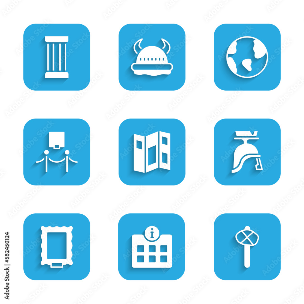 Set Museum guide brochure, Information, Stone age hammer, Roman army helmet, Picture, and rope barrier, Earth globe and Ancient column icon. Vector Set Museum guide brochure, Information, Stone age hammer, Roman army helmet, Picture, and rope barrier, Earth globe and Ancient column icon. Vector