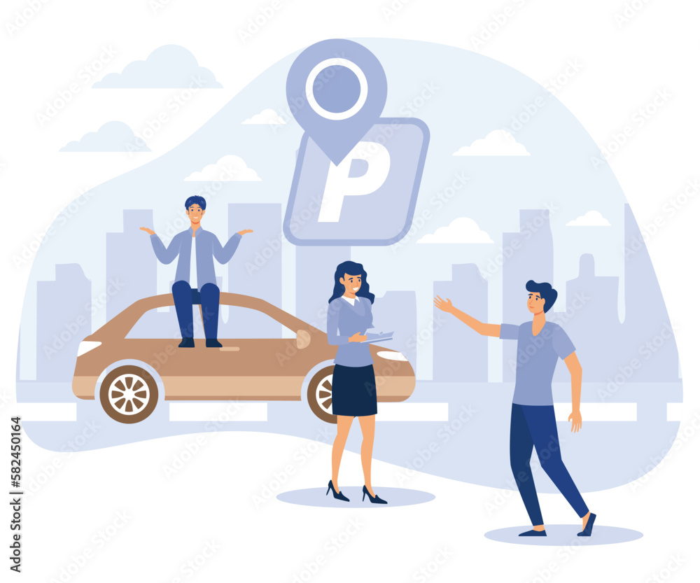 Car in Parking area concept. Tiny people looking for parking space, park automobile. flat vector modern illustration 