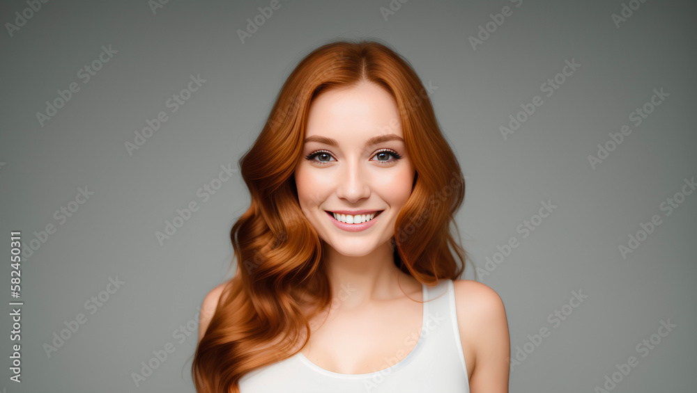 Portrait of smiling young woman with red hair and white blouse on isolated grey background, Generative AI Portrait of smiling young woman with red hair and white blouse on isolated grey background, Generative AI