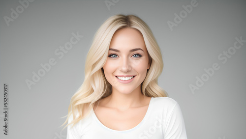 Portrait of smiling young woman with blond hair and white blouse on isolated background, Generative AI © Dawid