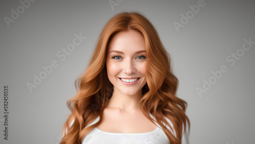 Beautiful red haired woman with stylish long hairstyle. Young adult with wavy hair. Natural makeup portrait. Generative AI