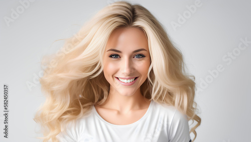 Close up studio shot of beautiful young white woman model with long brown hair looking at camera while posing against white blank copy space wall for your content. Generative AI