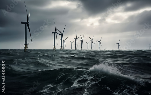 Wind Turbines at sea, providing clean renewable energy from ocean winds. Low angle image on a stormy sea. Artistic look. Shallow field of view. Illustrative Generative Ai.