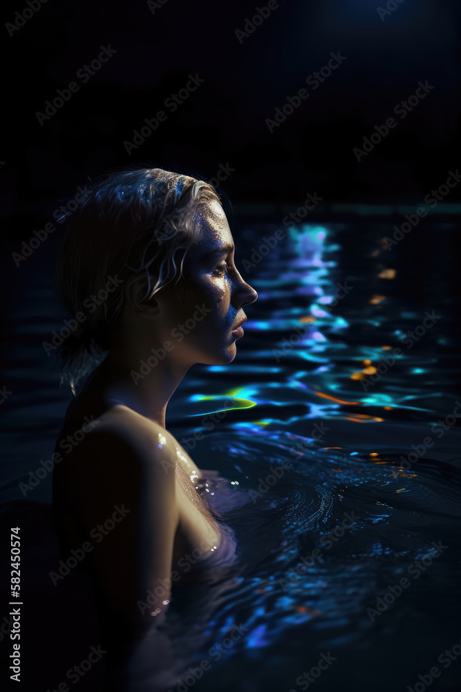 Young woman side view profile going skinny dipping with copy space, generative ai