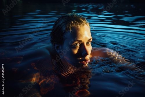 Young woman going for a night swim in a lake with copy space, generative ai