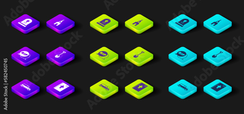 Set Hearse car, Holy bible book, Speech bubble rip death, Shovel, Church building and Grave with tombstone icon. Vector