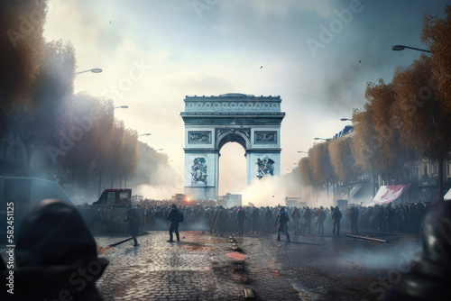 Strike in Paris: Protesters gather near the Triumph Arc, Eiffel tower. Generative Ai