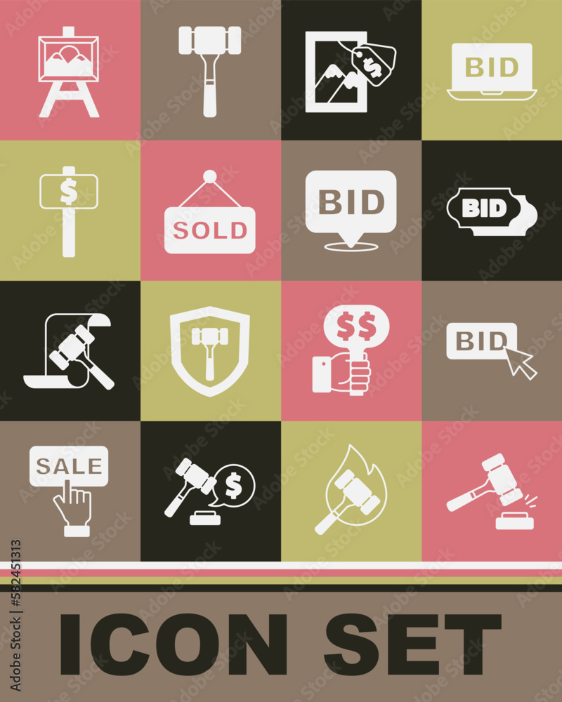 Set Auction hammer, Bid, painting, sold, Hand holding auction paddle, and icon. Vector Set Auction hammer, Bid, painting, sold, Hand holding auction paddle, and icon. Vector