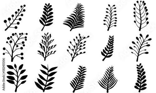 Set of black leaf line elements vector on white background for decorating wallpaper, artworks ,presentations