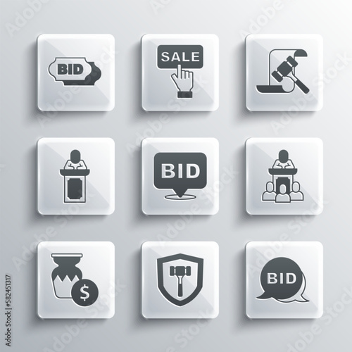 Set Auction hammer, Bid, auctioneer sells, ancient vase, and icon. Vector