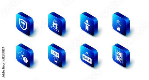 Set Auction jewelry sale, auctioneer sells, Hand holding, painting sold, Price tag with Sale, and hammer icon. Vector