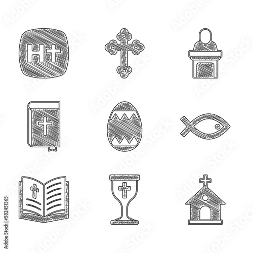 Set Easter egg, Christian chalice, Church building, fish symbol, Holy bible book, pastor preaching and cross icon. Vector