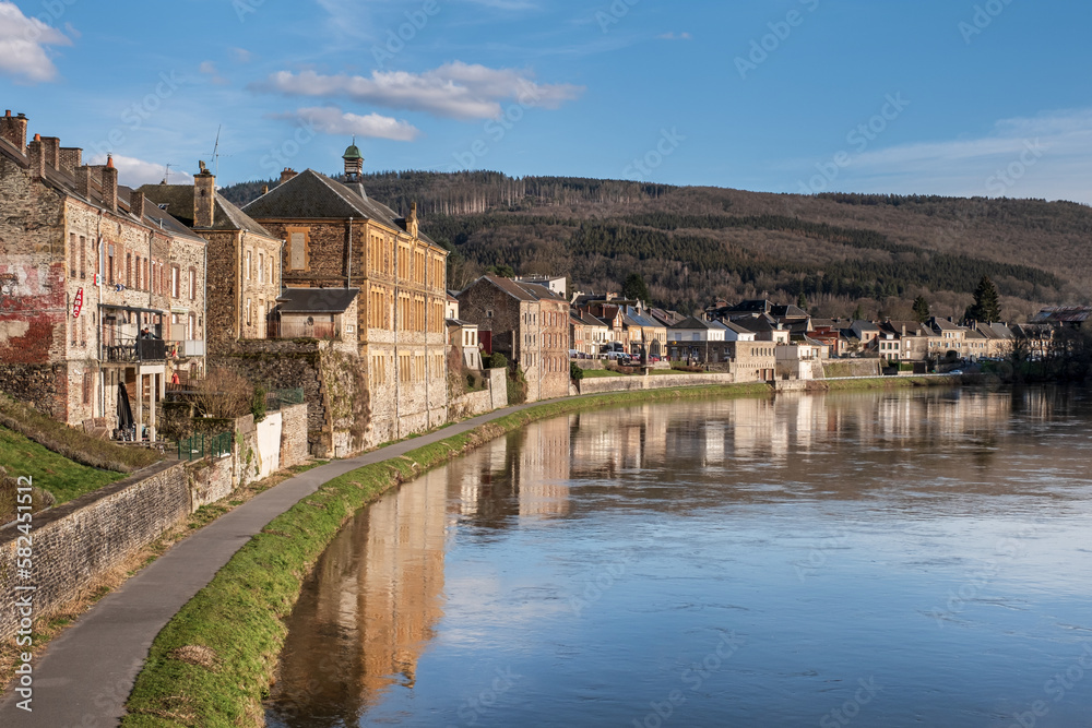 The beautiful village of Monthermé lies in the heart of the Ardennes department in France, view from the bridge over the awesome river Meuse.	