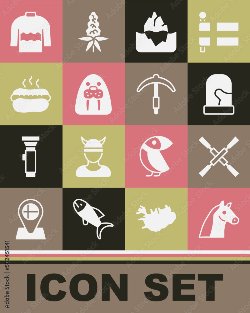 Set Horse, Oars paddles boat, Christmas mittens, Iceberg, Walrus animal, Hotdog sandwich, Sweater and Pickaxe icon. Vector