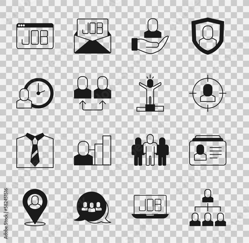 Set Employee hierarchy, Resume, Head hunting, Worker, Exchange work, time, Search job and Productive human icon. Vector