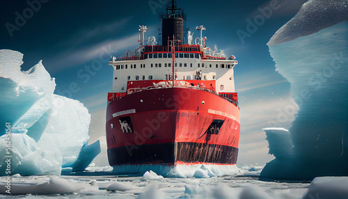 Billede på lærred Red icebreaker in the middle of Arctic ocean