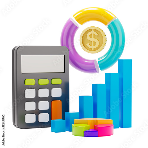 Calculator with bar graph, pie chart and donut chart with a coin representing money. Financials concept 3D illustration on a transparent background